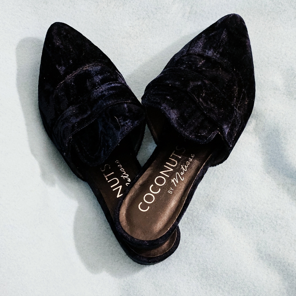 Coconuts by Matisse Sapphire Blue Crushed Velvet Pointed Toe Mules Loafer Slides